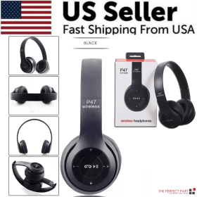 Wireless Bluetooth 5.0 Headphones Headset Over-Ear FM Radio MIC Foldable TF Card (Color: Black)