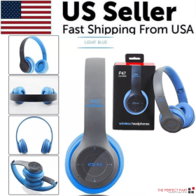 Wireless Bluetooth 5.0 Headphones Headset Over-Ear FM Radio MIC Foldable TF Card (Color: Blue)