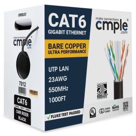 Cat 6 Riser Ethernet Cable | UL, CMR, 23AWG | Bare Copper 1000ft (Option: Black)